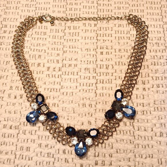 Chico's blue rhinestone & gold tone chainmail chain statement collar necklace - Picture 1 of 10